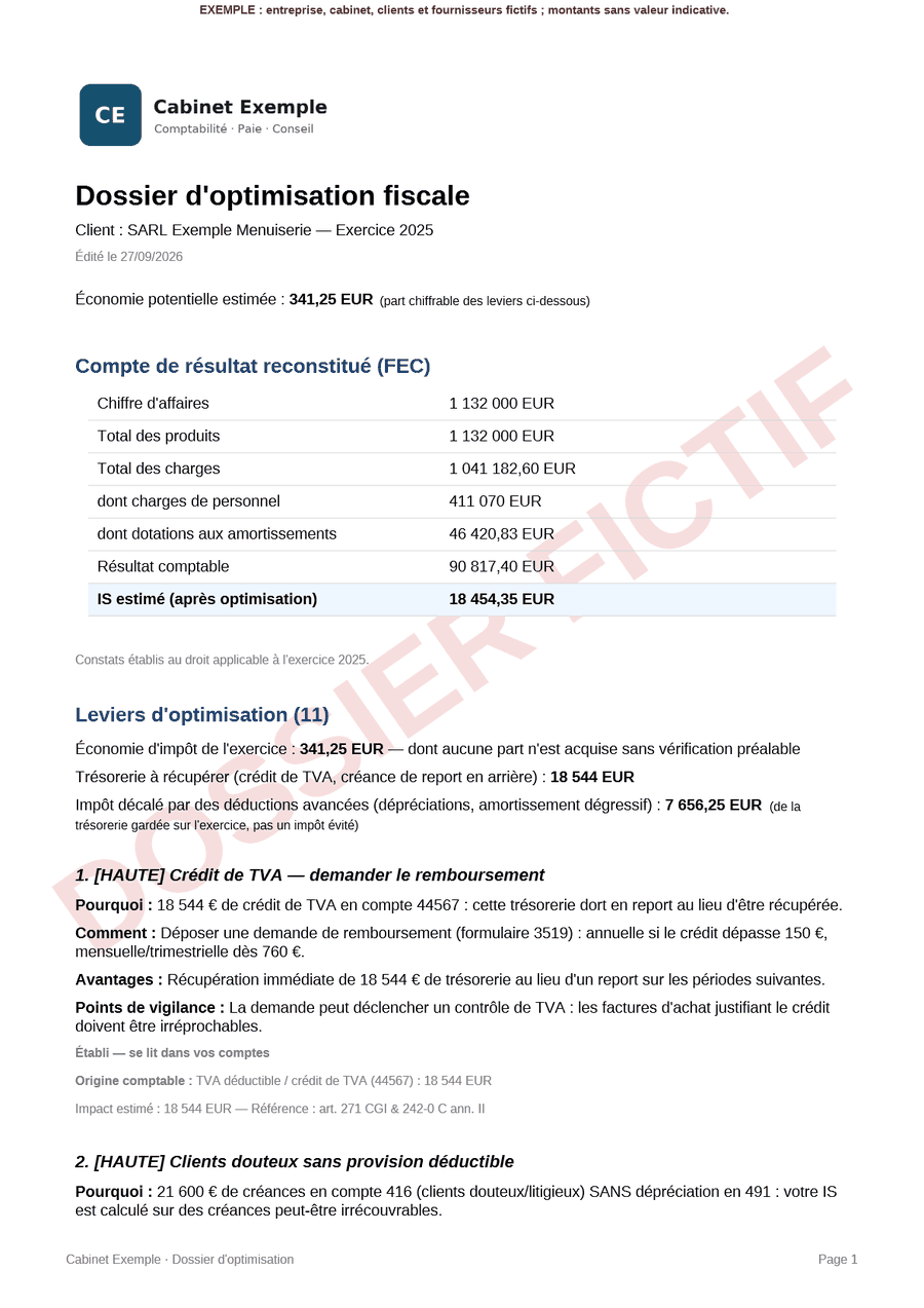 Première page d’un rapport d’audit FEC sur un dossier fictif